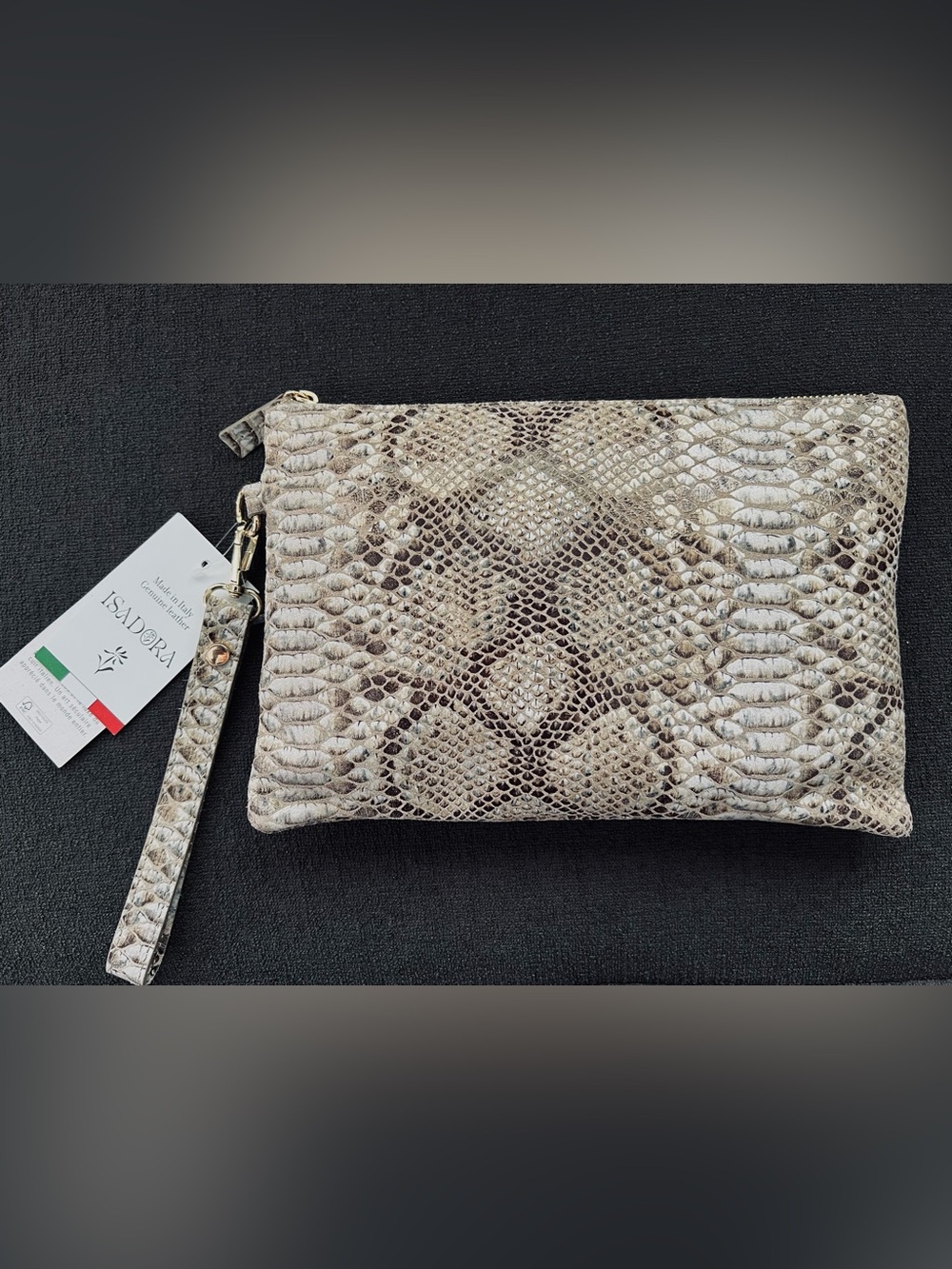 Isadora Italy Snakeskin Embossed Leather Clutch Pouch Bag NWT